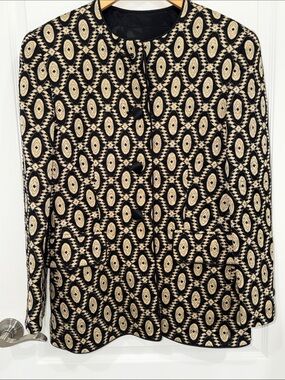 Escada Black Satin Label and Trim Detail vintage blazer with geometric pattern